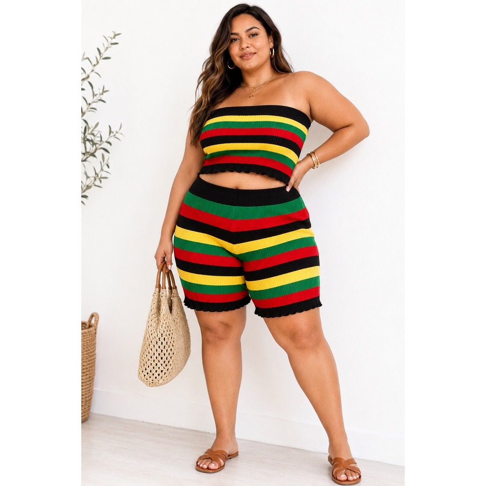 Highlight Rasta Striped Knit Two Piece Set Tube Top Shorts Plus Size 3X 4X Red
